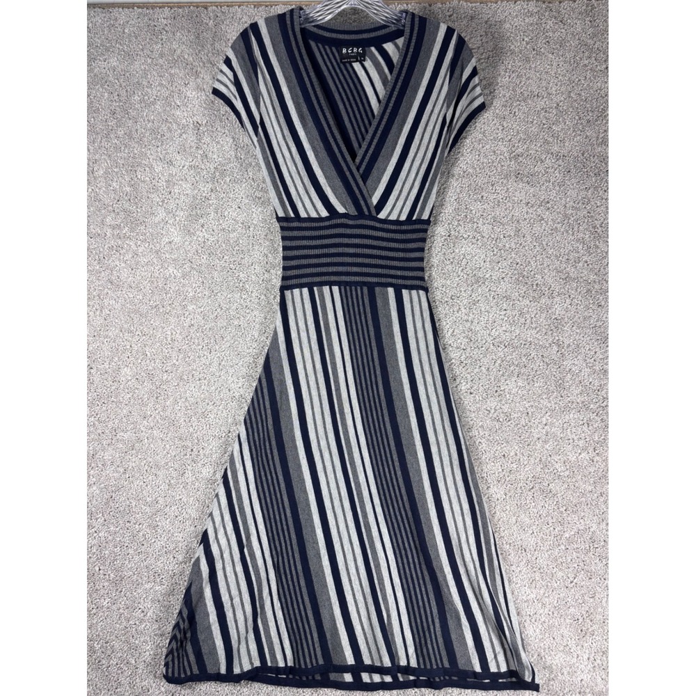 BCBG Paris Women Striped V Neck Knit Midi Dress XS